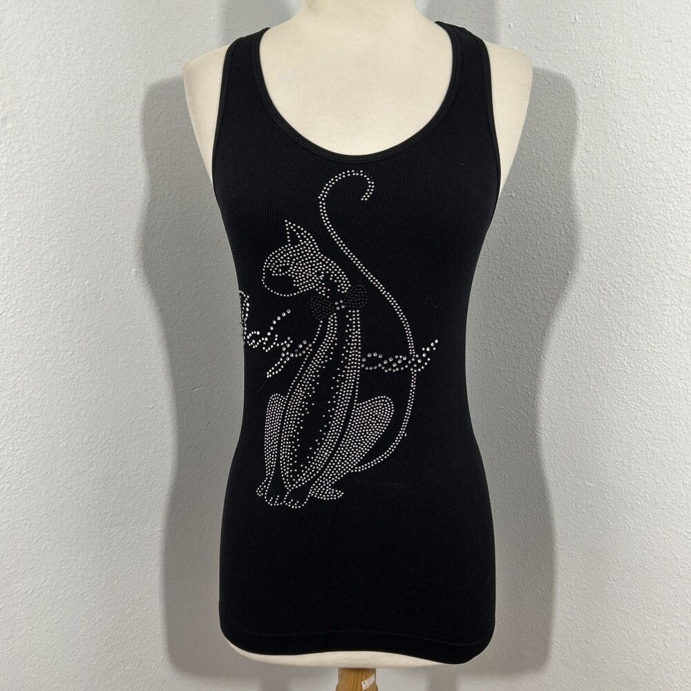 F and G Tank Top Womens OS Black Baby Cat Rhineston Grunge Festival Y2K